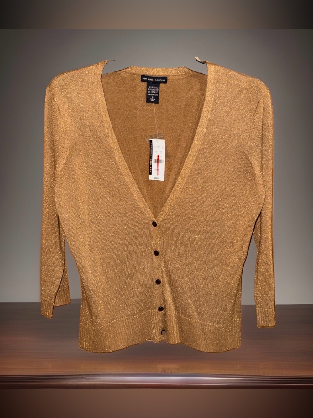 New York & Company Metallic Gold V-Neck Button Cardigan